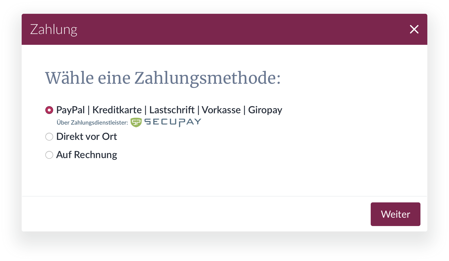 Die Option zur Online Bezahlung bei LandRäume